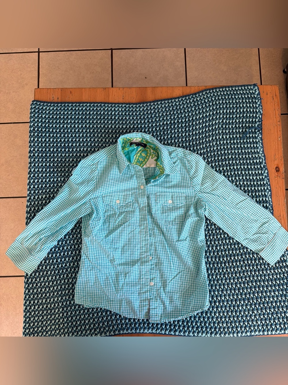 Womens Teal Check Long-Sleeve Button-Down Shirt